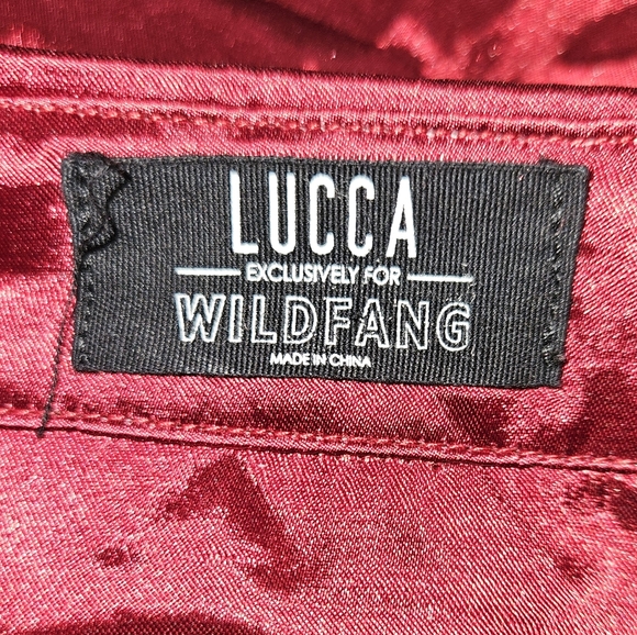 Lucca Wildfang Satin Shirt Button Up Long Sleeve Blouse Maroon Red Silky Small - Picture 15 of 16